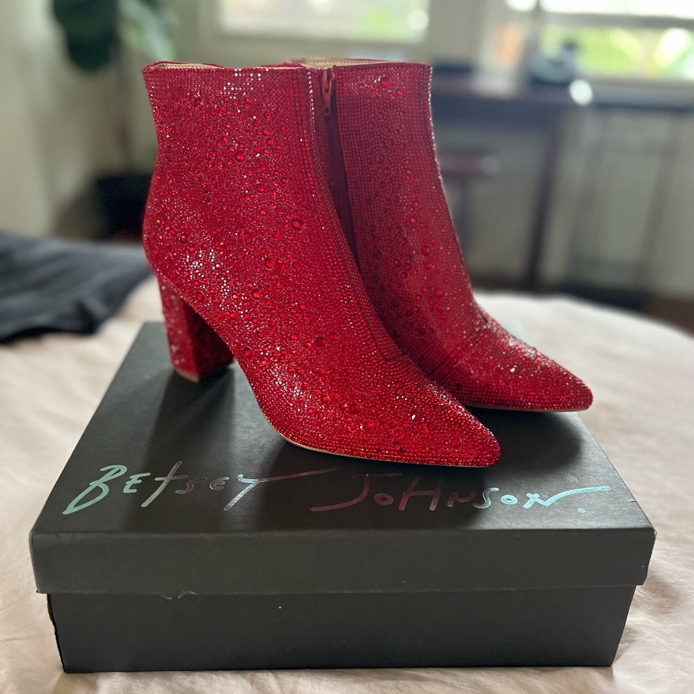 Betsey Johnson Red Rhinestone Cady Evening Bootie